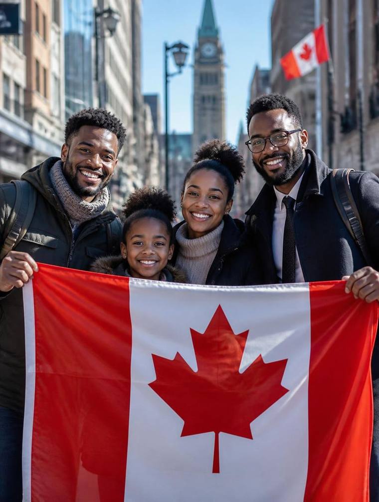 Famiglia e professionisti francofoni con la bandiera canadese in una strada del Canada